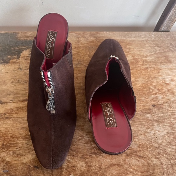 BRIGHTON “ROCKER” Brown Suede Wedge Heel Mules Decorative Zipper Toggle 9M NEW! - Picture 6 of 12